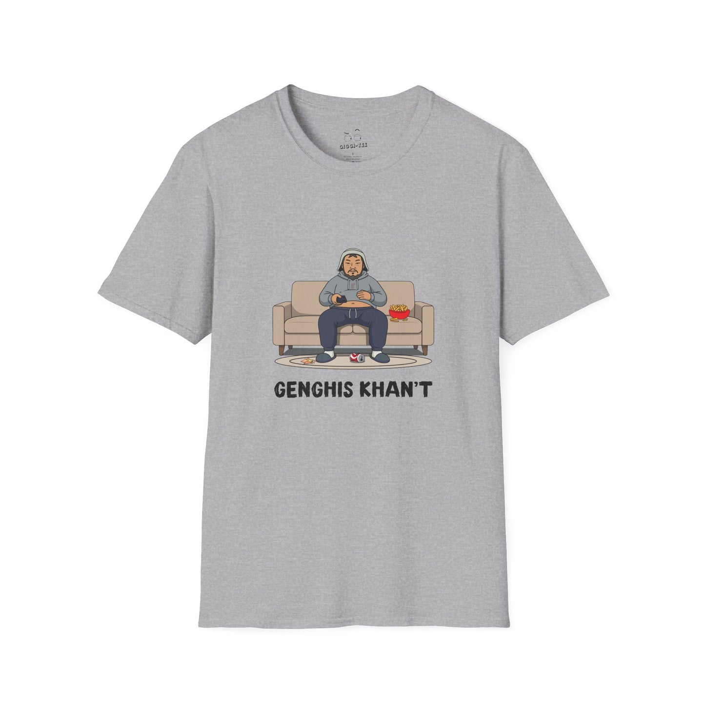 Genghis Khan't featuring Genghis Khan wearing gray sweatpants and hoodie, lounging on a couch in front of a TV, modern humorous historical parody t-shirt design