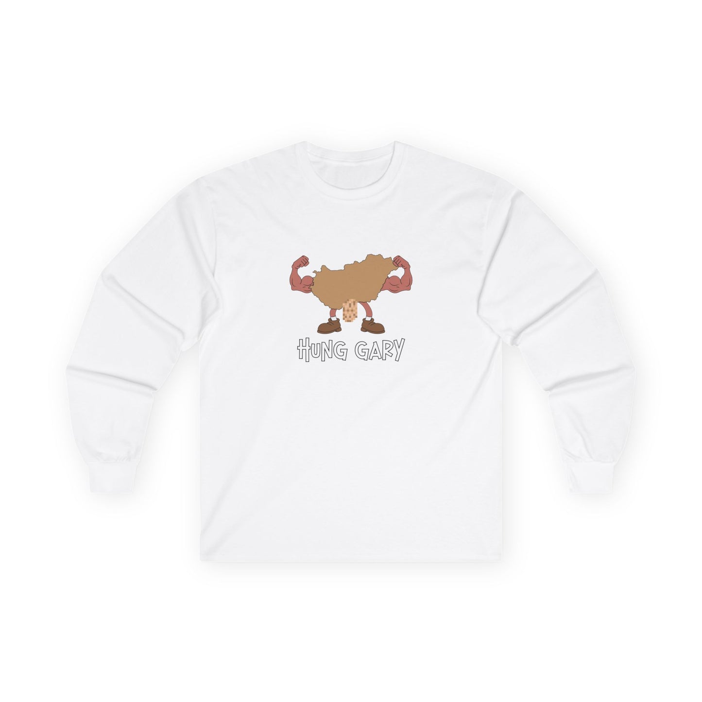 Hung Gary pun long sleeve shirt: Hungary map illustration flexing muscles with an adult-themed pixelated graphic. Funny geography.