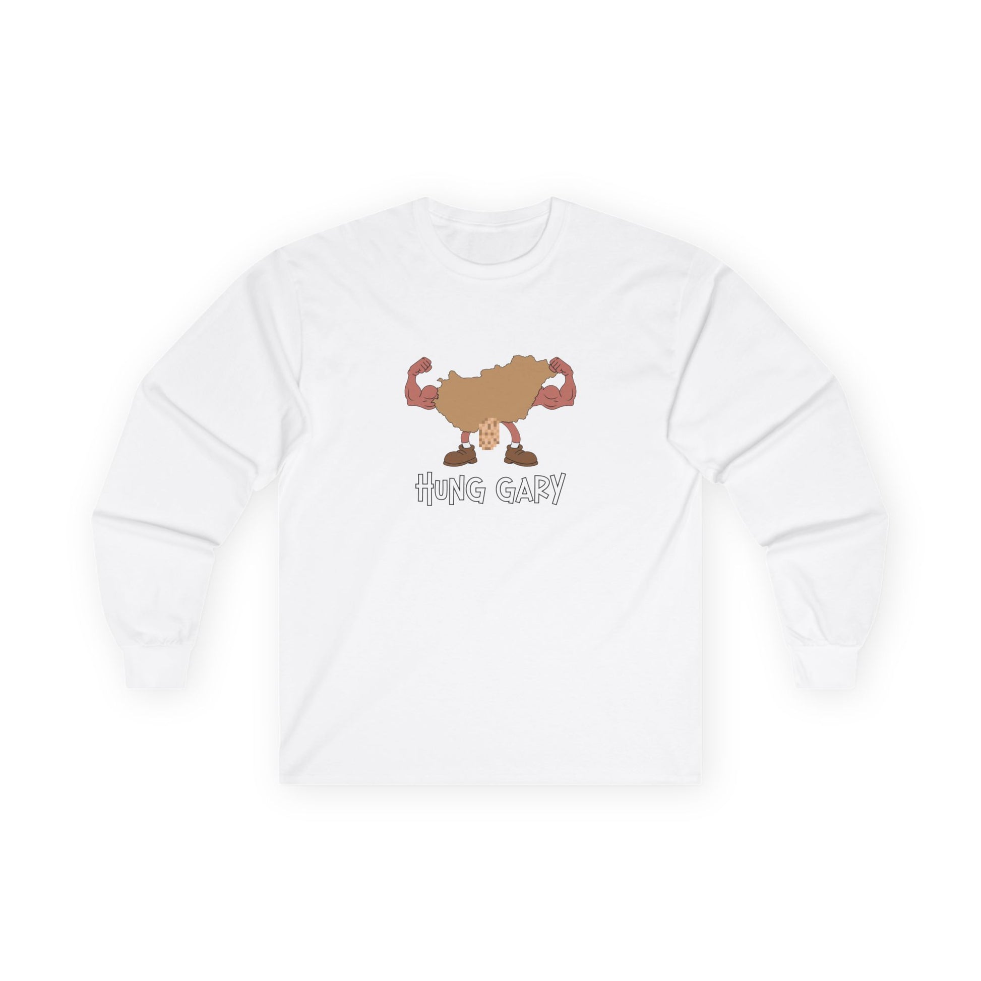 Hung Gary pun long sleeve shirt: Hungary map illustration flexing muscles with an adult-themed pixelated graphic. Funny geography.