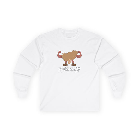 Hung Gary pun long sleeve shirt: Hungary map illustration flexing muscles with an adult-themed pixelated graphic. Funny geography.