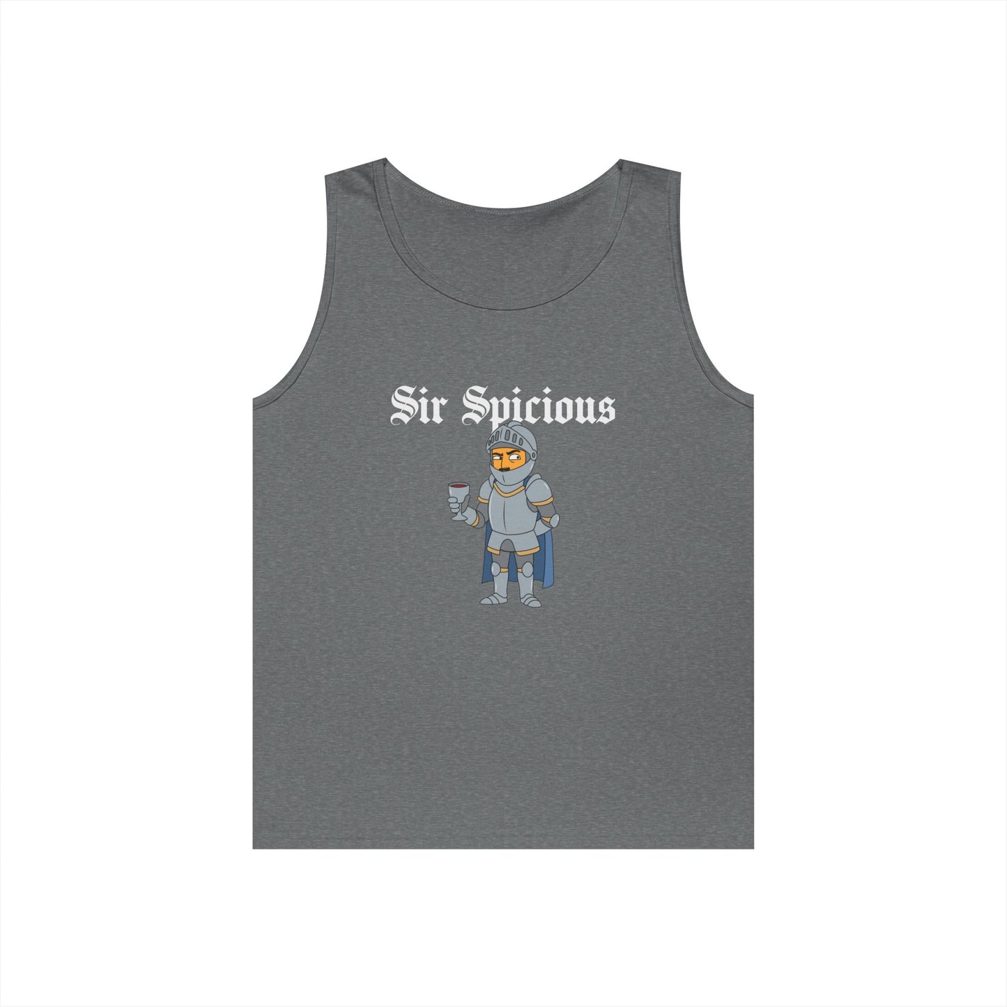 Sir Spicious suspicious medieval knight graphic on a white tank top