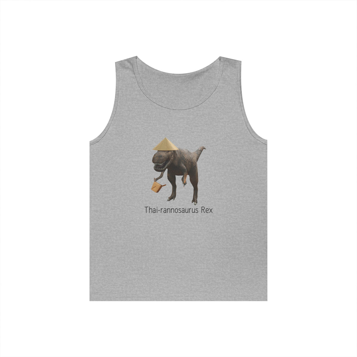 t rex with rice hat holding takeout box chopsticks funny thai rannosaurus rex tank top