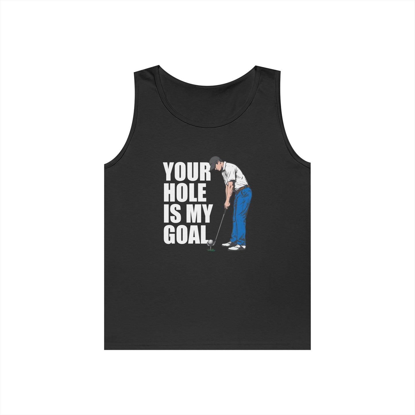 Funny golf design featuring a golfer with a golf club and ball on the pin, with the text “Your Hole Is My Goal.”