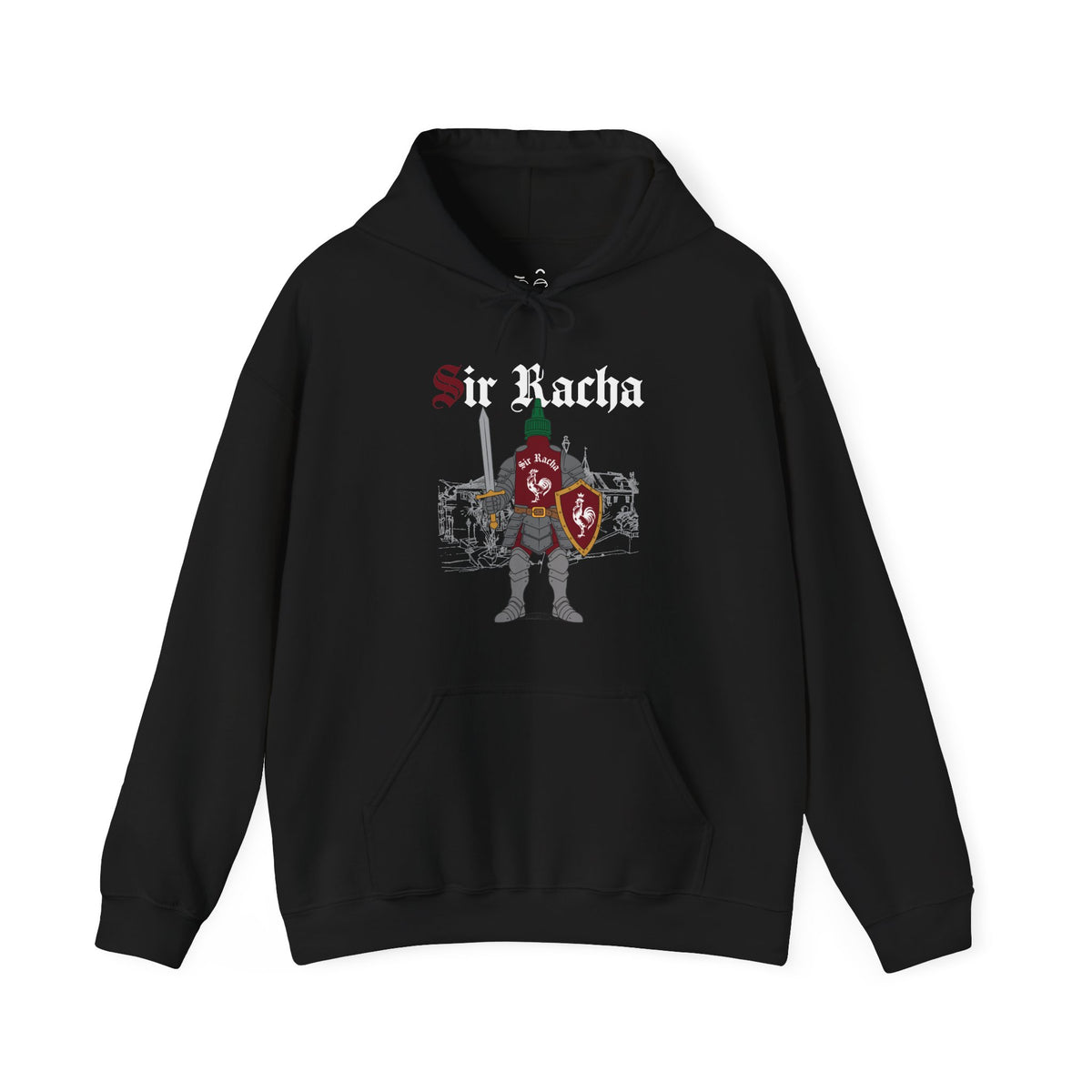 Sir Racha funny sriracha hot sauce bottle in medieval knight armor hoodie