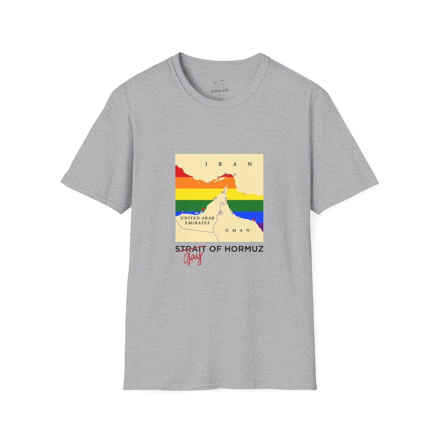 Funny shirt with minimalist vector map of the Strait of Hormuz, Gay of Hormuz with a rainbow Pride flag filling the water between landmasses.