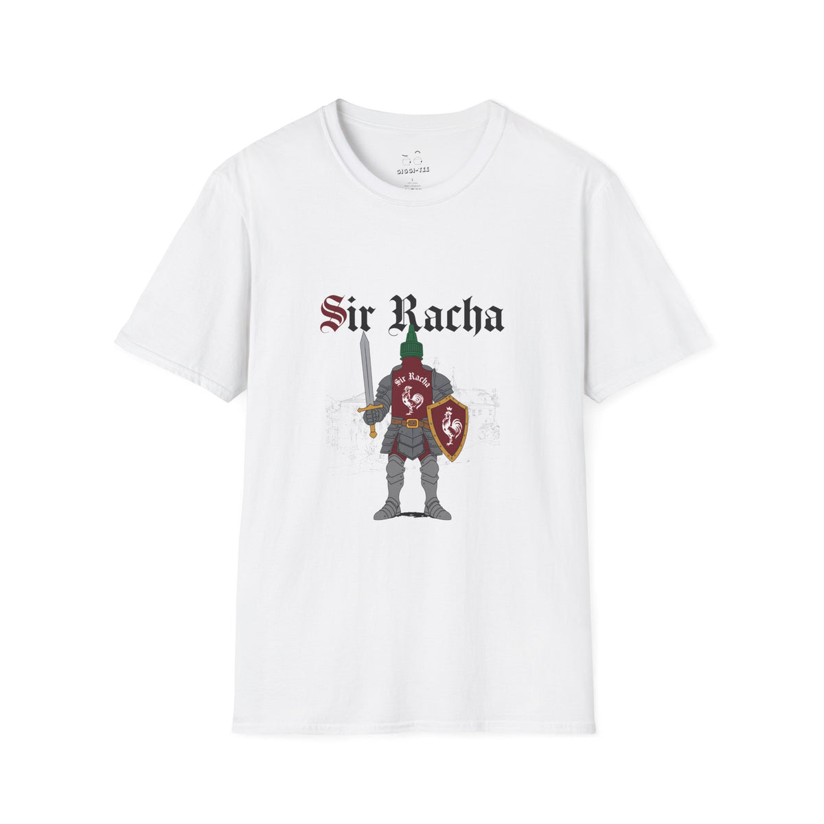 Sir Racha funny sriracha hot sauce bottle in medieval knight armor shirt