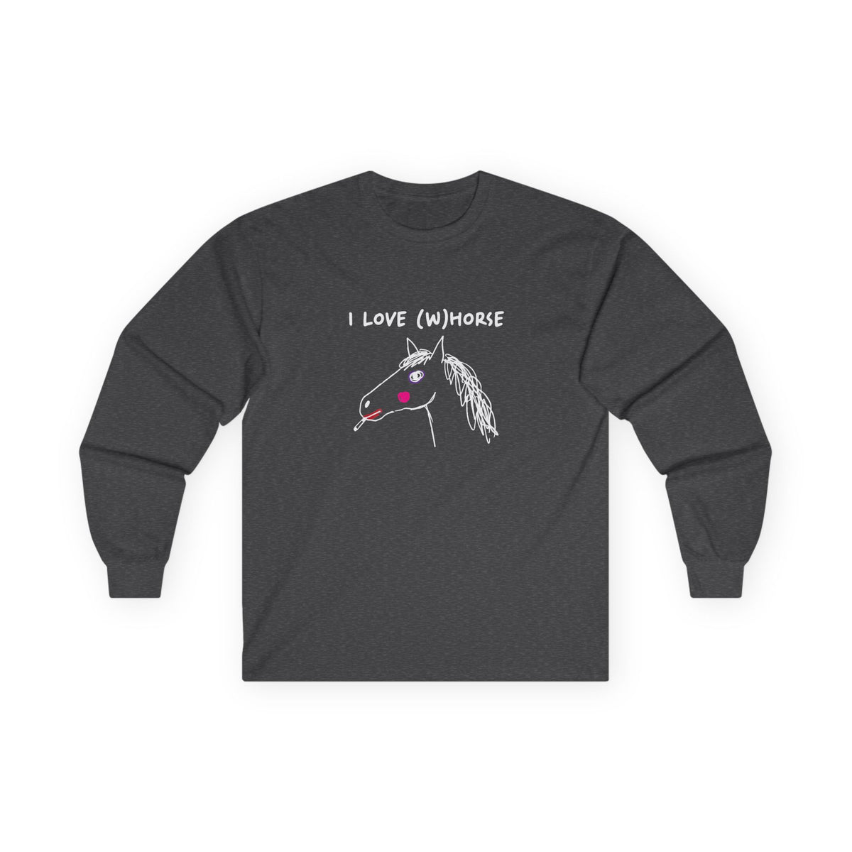 I Love (W)Horse hand-drawn smoking horse with purple makeup and red lipstick long sleeve