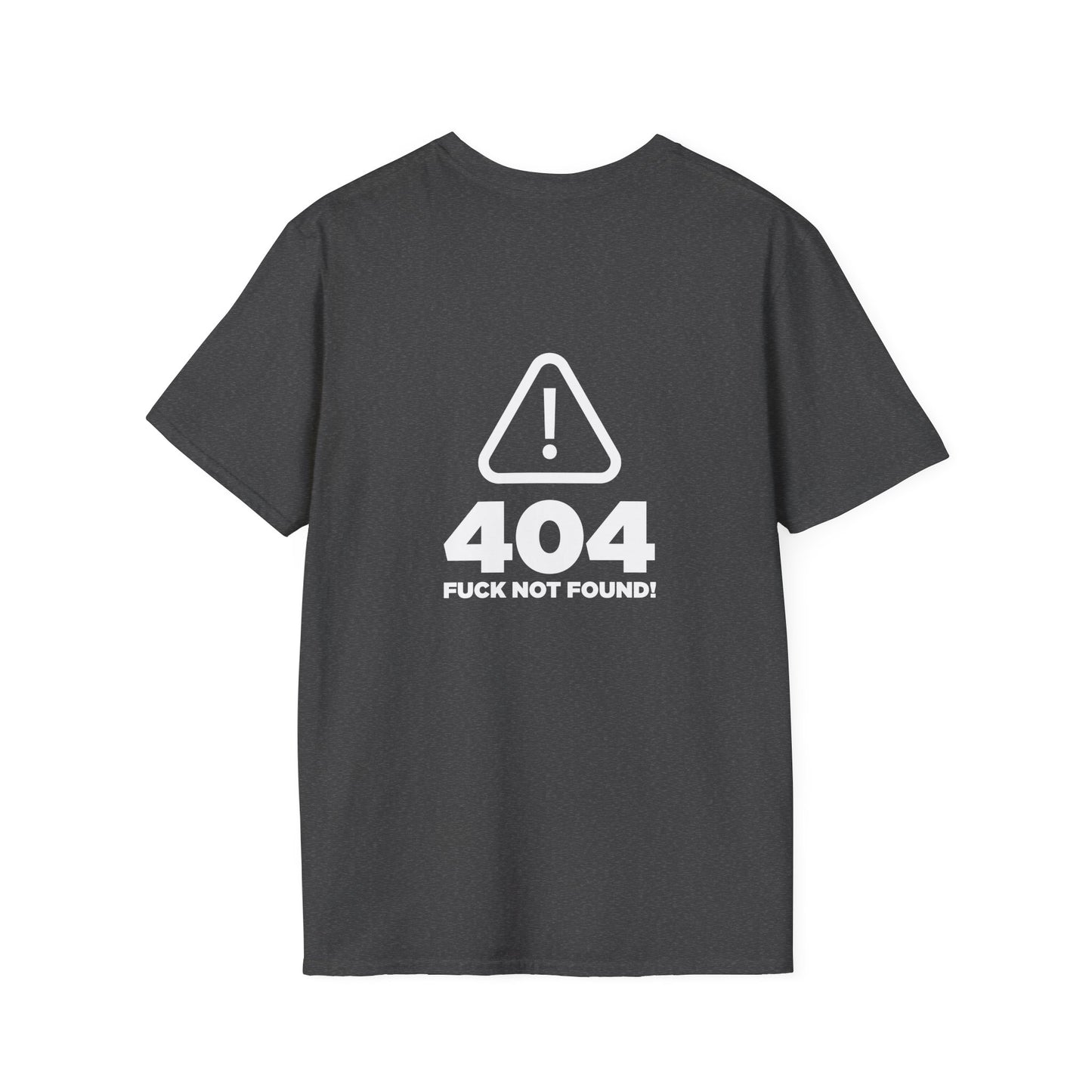 back print t-shirt with a digital "404 Error" window graphic stating "Error: No Fucks Found" in a computer system font.