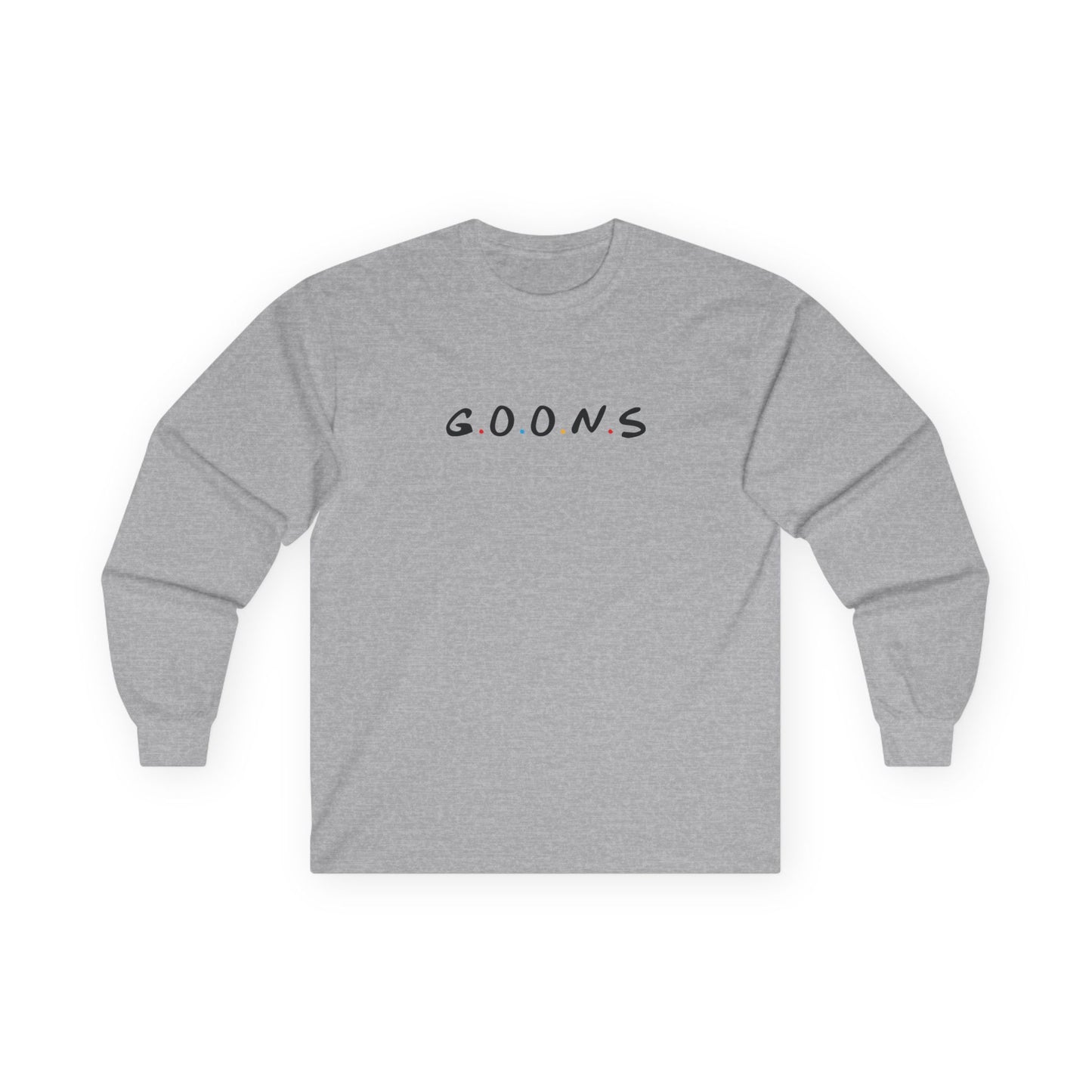 Goons long sleeve shirt design featuring the logo of friends comedy sitcom, humorous parody apparel