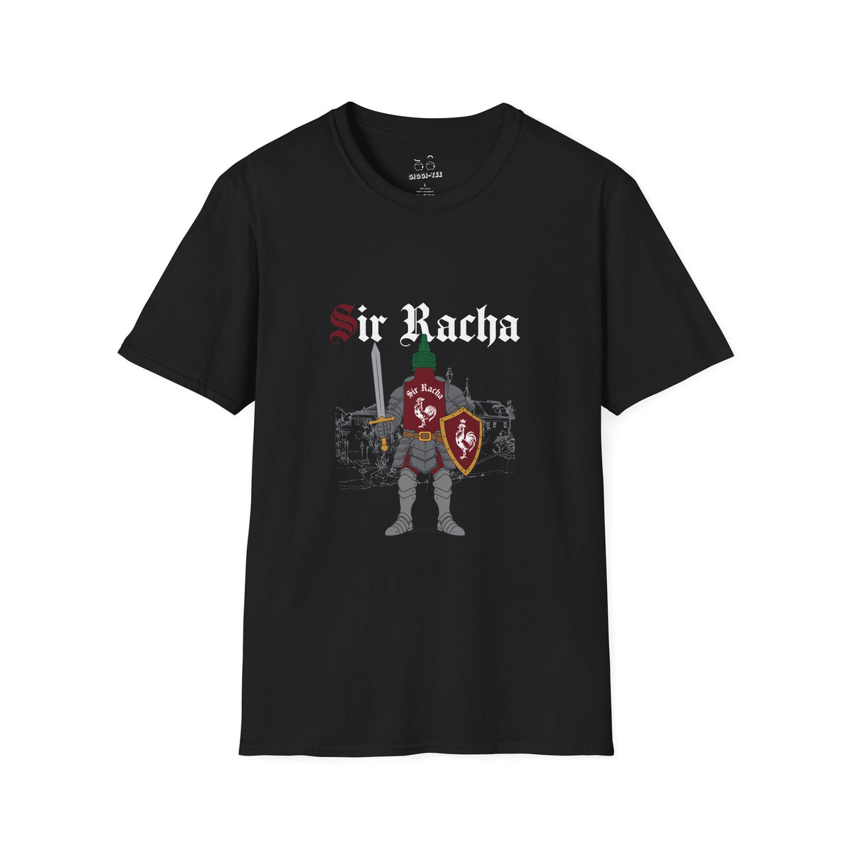 Sir Racha funny sriracha hot sauce bottle in medieval knight armor shirt
