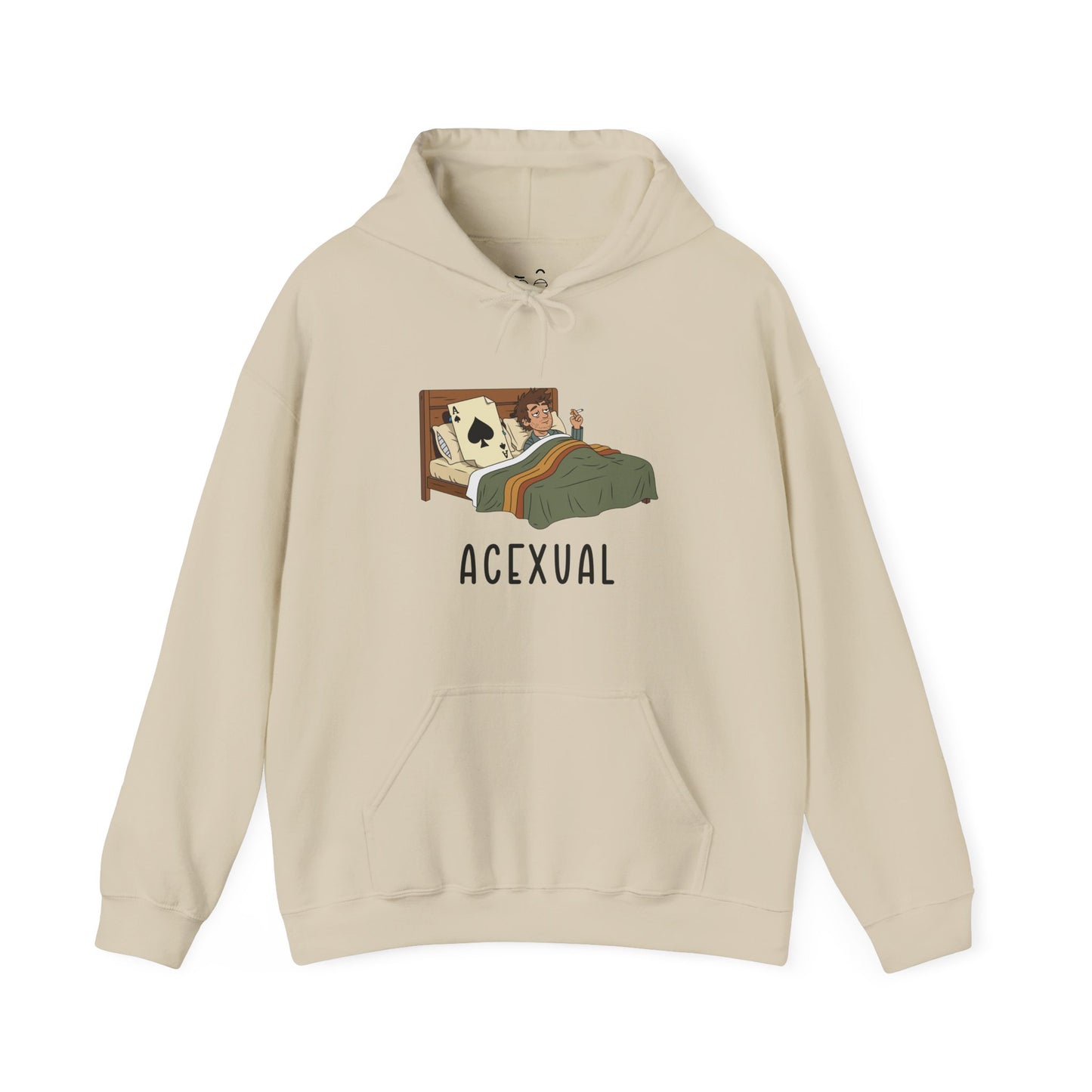 Funny Acexual hoodie design showing a man lying in bed next to an Ace playing card in a humorous asexual pun illustration.