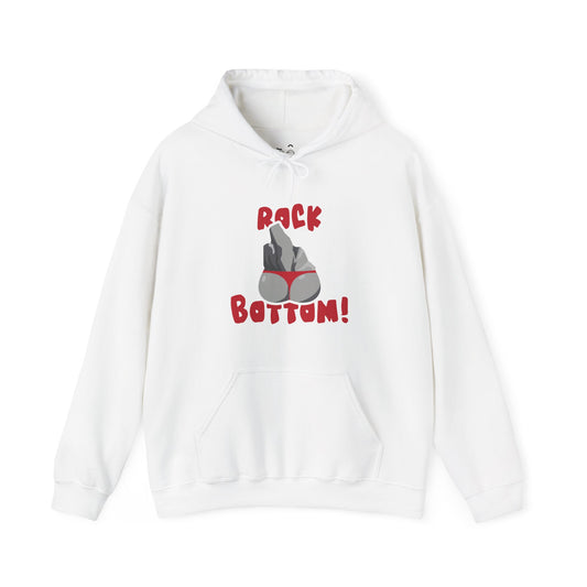 Rock Bottom parody hoodie featuring a rock with a large backside wearing a red bikini
