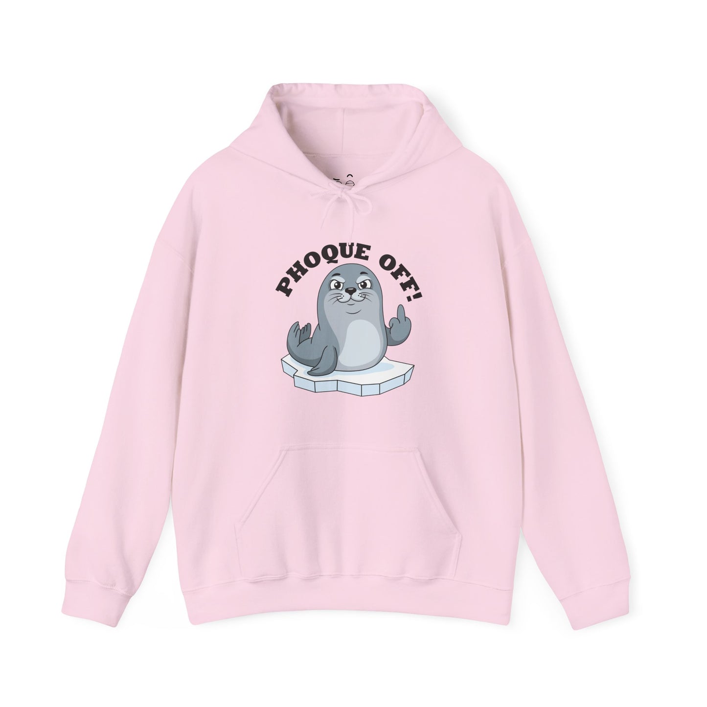 A funny seal wearing a "Phoque Off" design while giving the middle finger on a humorous pun hoodie.