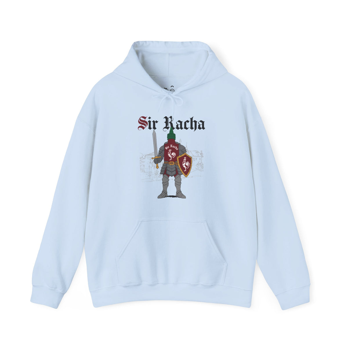 Sir Racha funny sriracha hot sauce bottle in medieval knight armor hoodie
