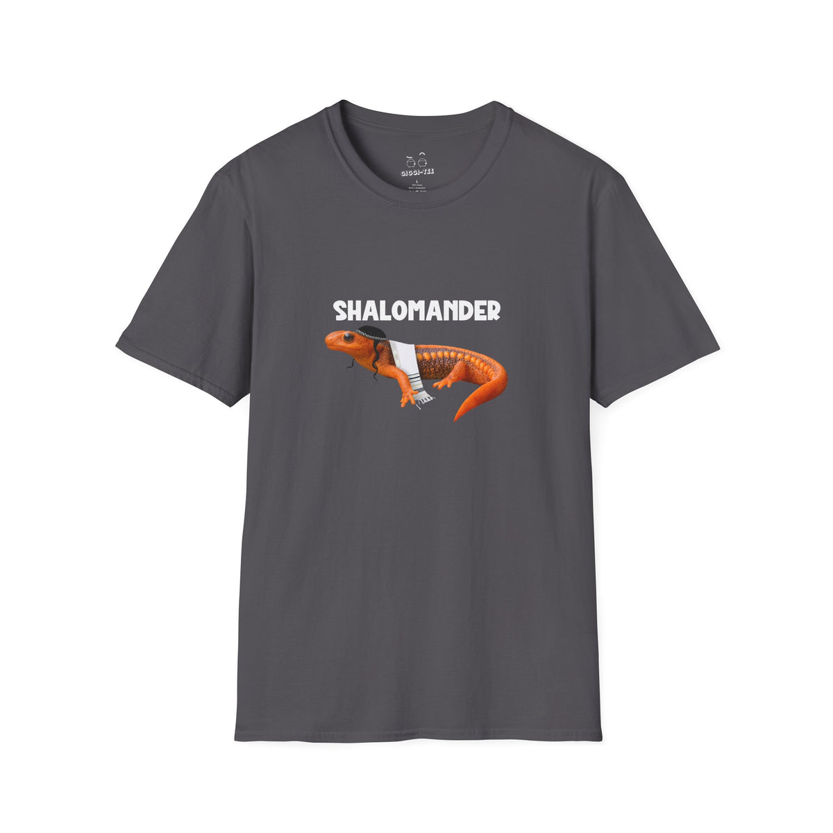 Shalomander: Funny Jewish pun shirt featuring a salamander wearing a tallit prayer shawl, kippah, and payot.