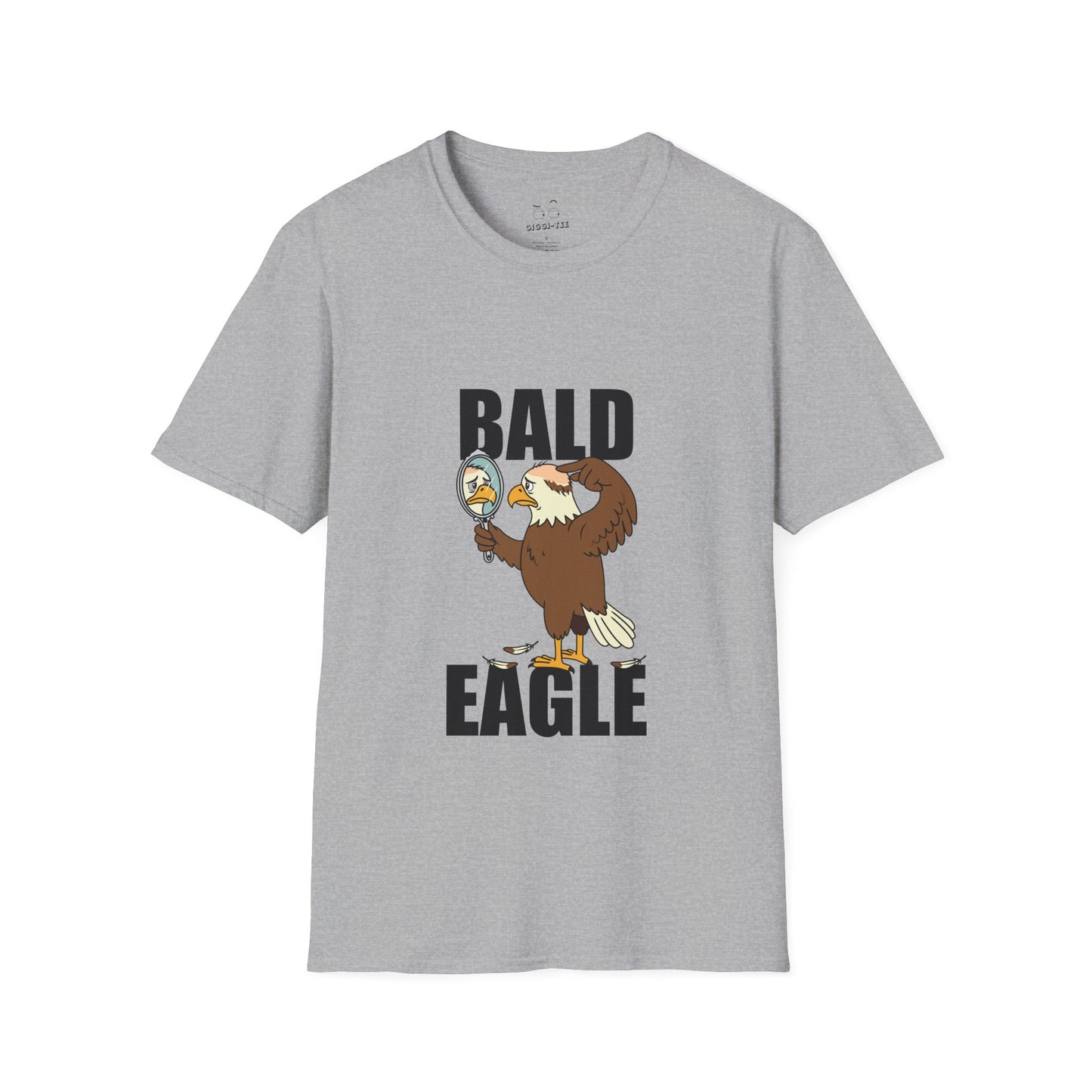 Bald Eagle t-shirt design with a sad eagle showing a bald spot, holding a mirror, and looking disappointed.