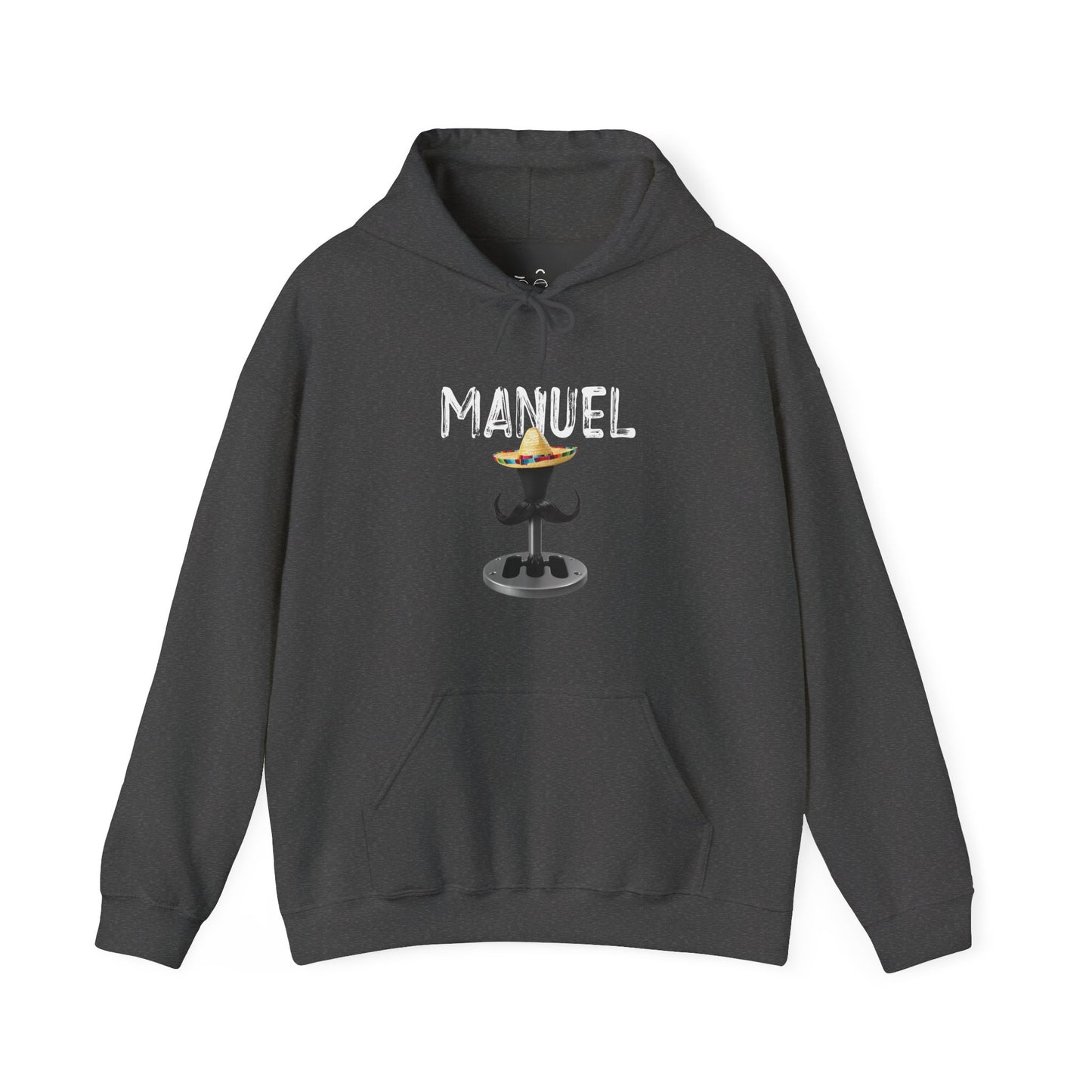 Manuel automotive parody hoodie featuring a manual transmission with sombrero and mustache