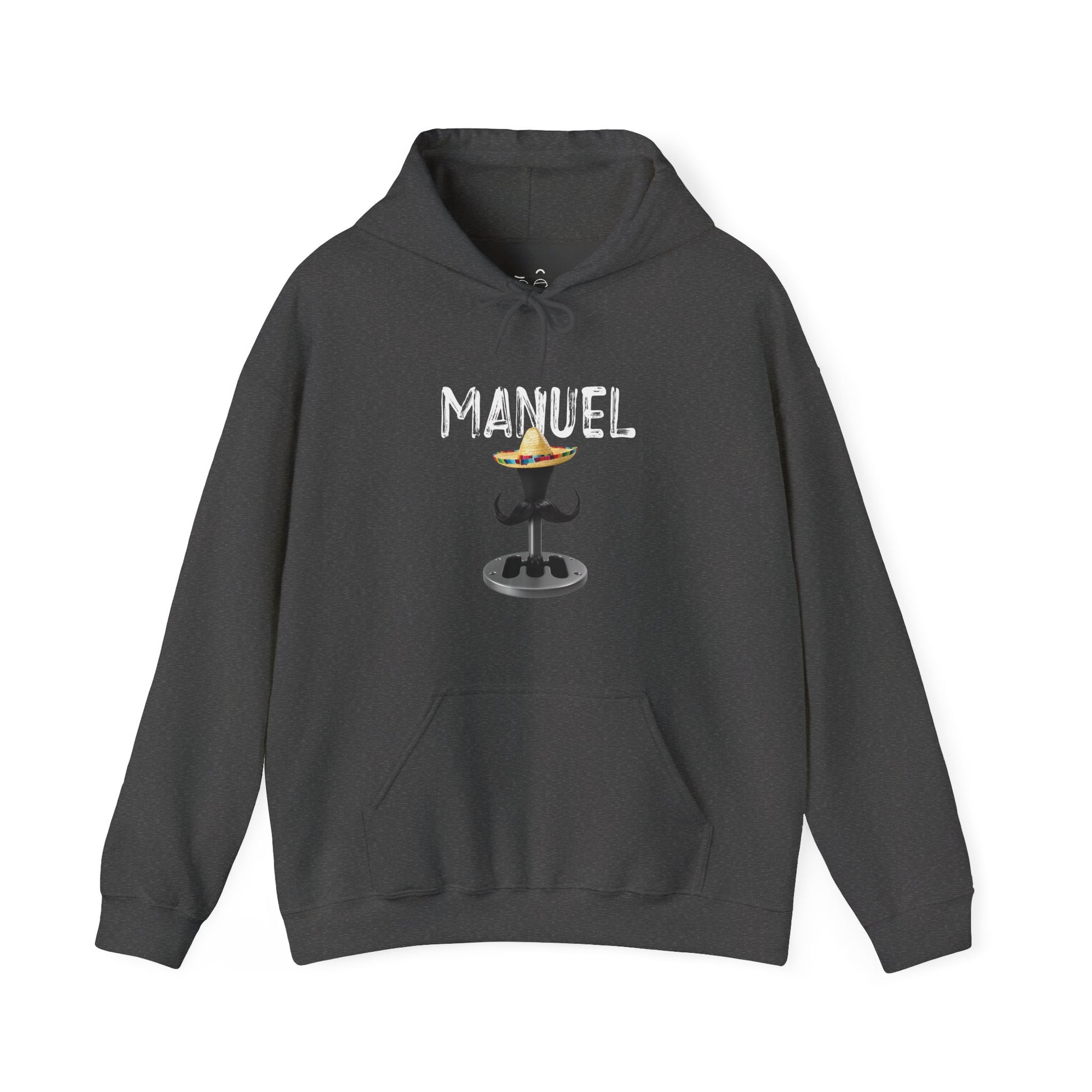 Manuel automotive parody hoodie featuring a manual transmission with sombrero and mustache