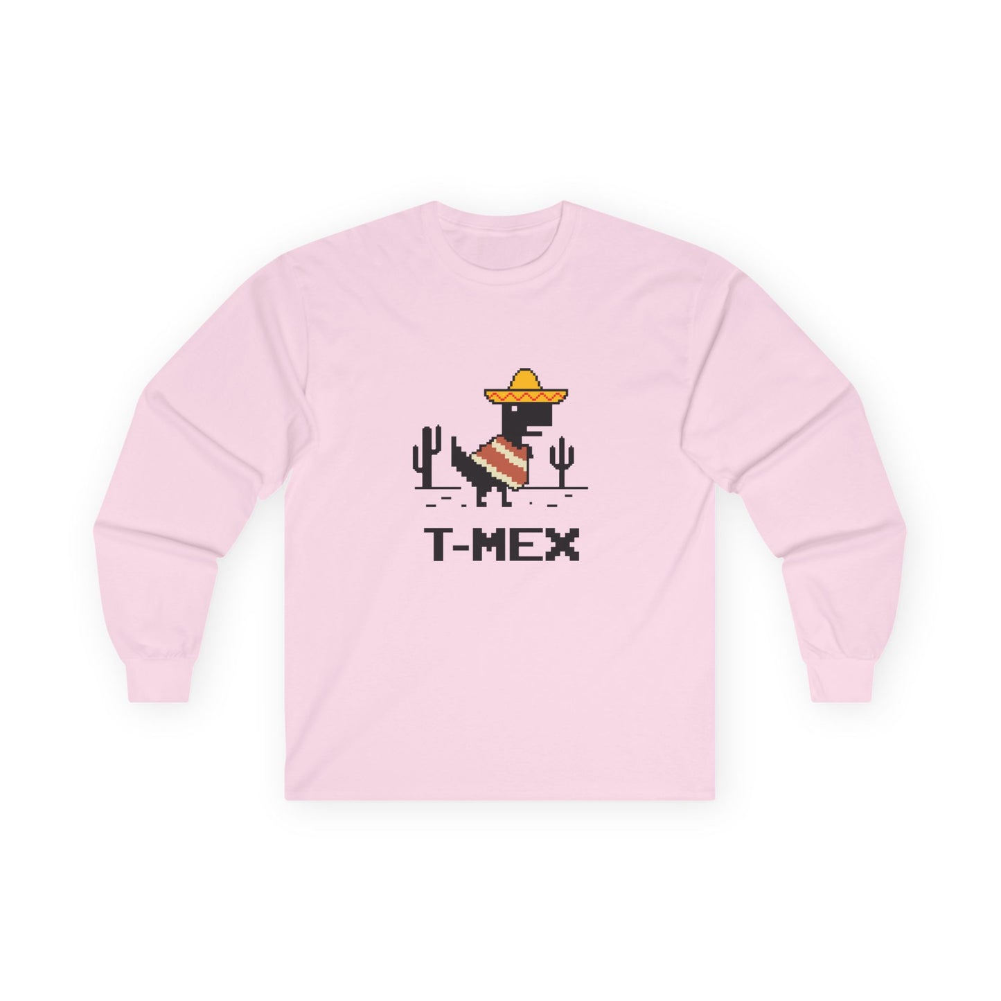 T-Mex Mexican T-Rex wearing sombrero and poncho 8-bit pixel art long sleeve shirt