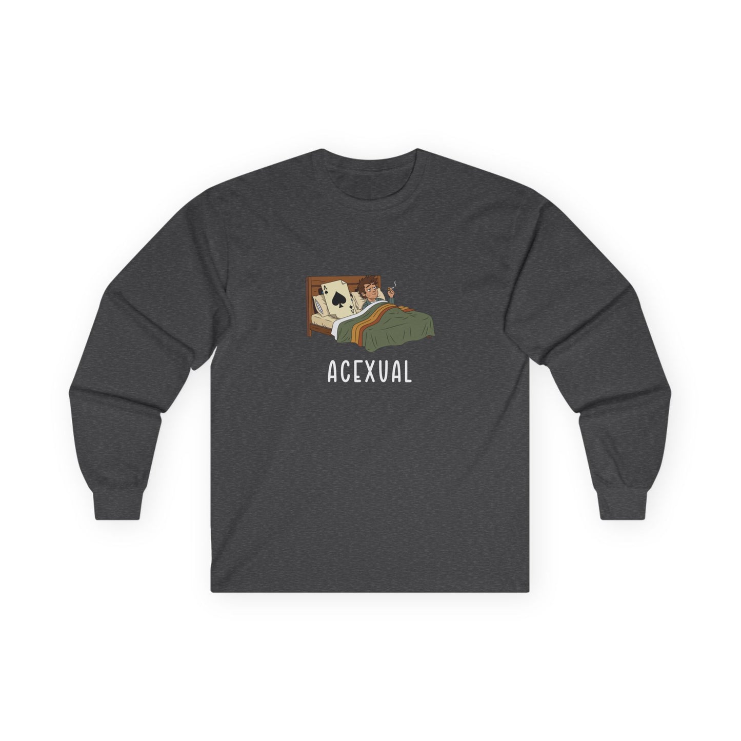 Funny Acexual long sleeve shirt design showing a man lying in bed next to an Ace playing card in a humorous asexual pun illustration.