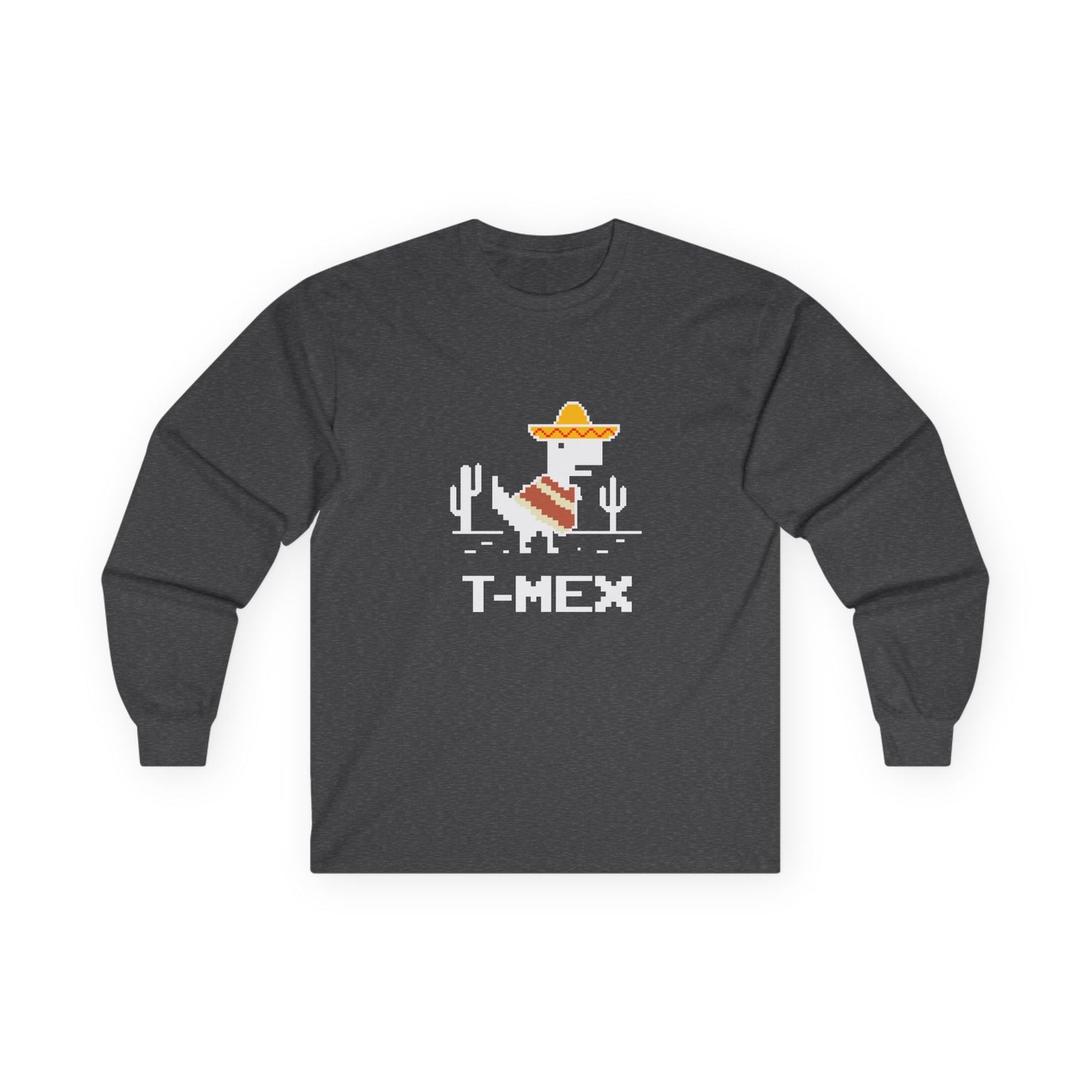T-Mex Mexican T-Rex wearing sombrero and poncho 8-bit pixel art long sleeve shirt