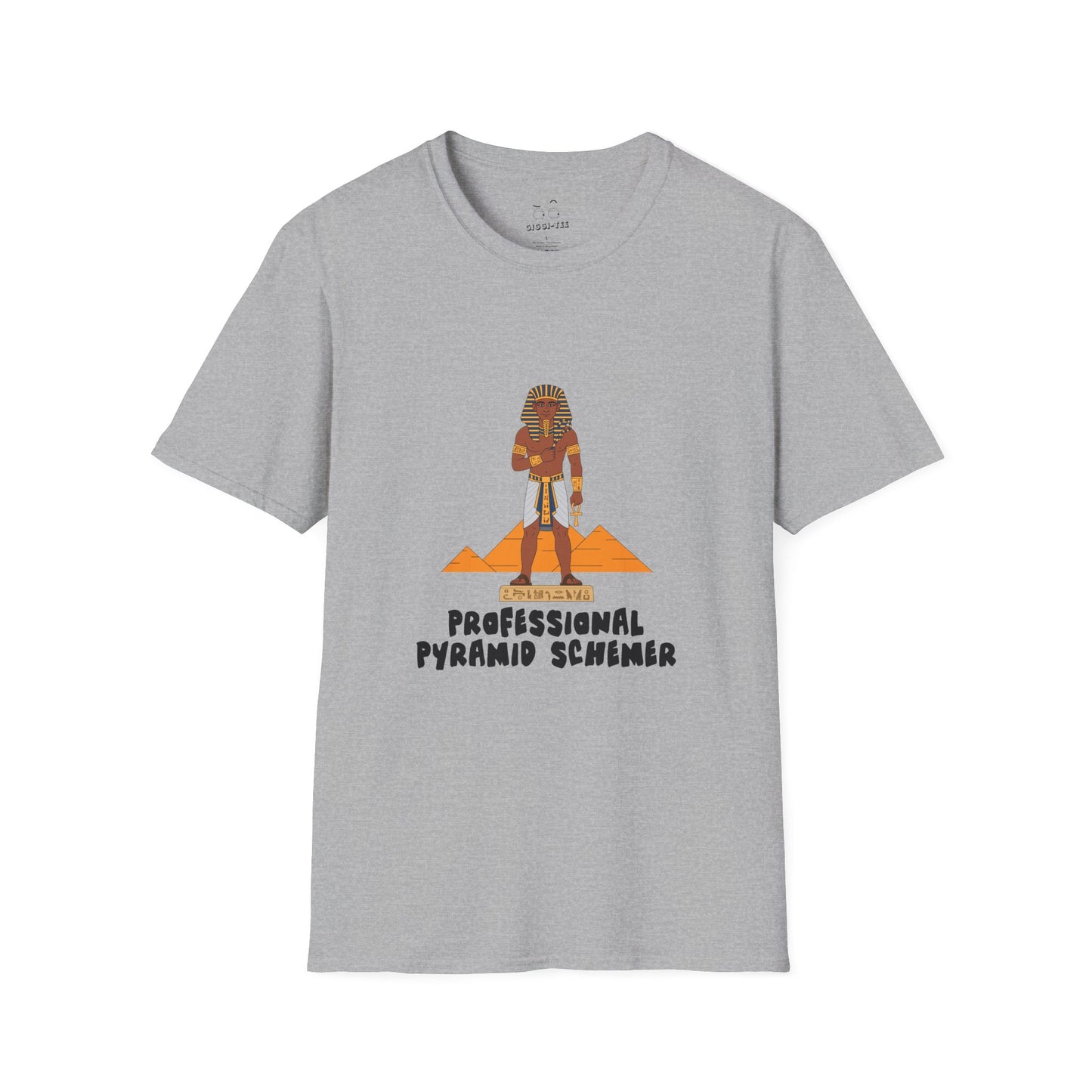 Shirt featuring an illustration of a pharaoh standing in front of pyramids with the text “Professional Pyramid Schemer” in a humorous wordplay design.