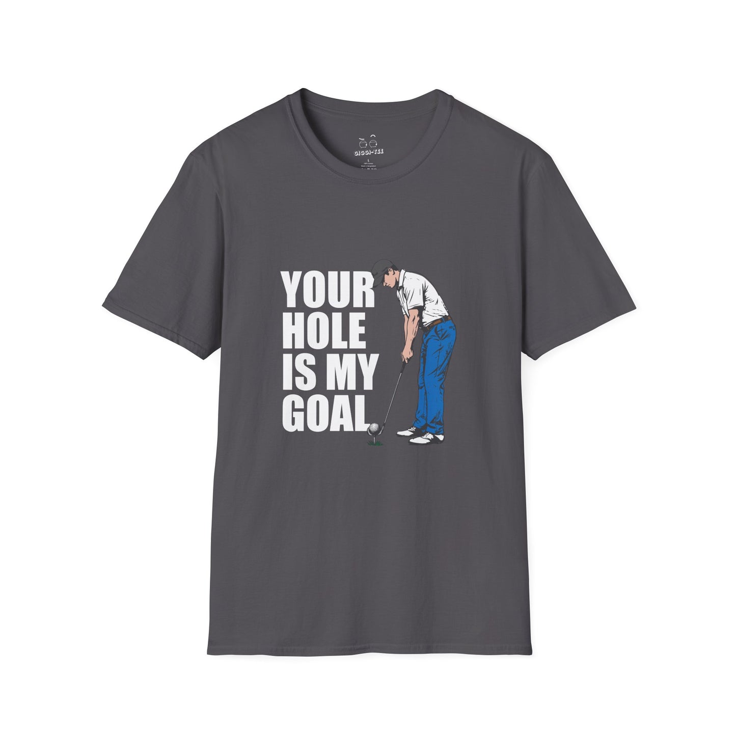 Funny golf design featuring a golfer with a golf club and ball on the pin, with the text “Your Hole Is My Goal.”