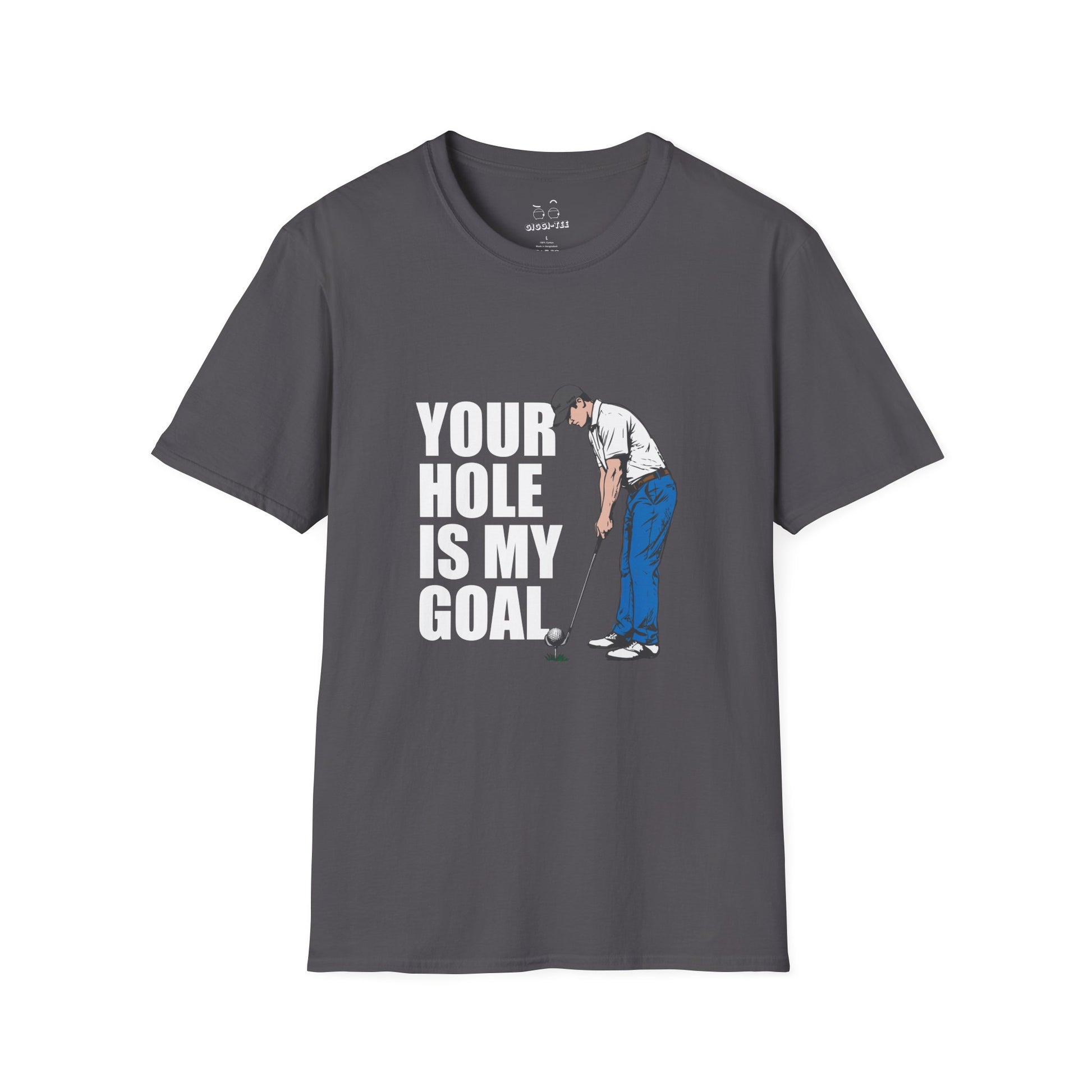 Funny golf design featuring a golfer with a golf club and ball on the pin, with the text “Your Hole Is My Goal.”