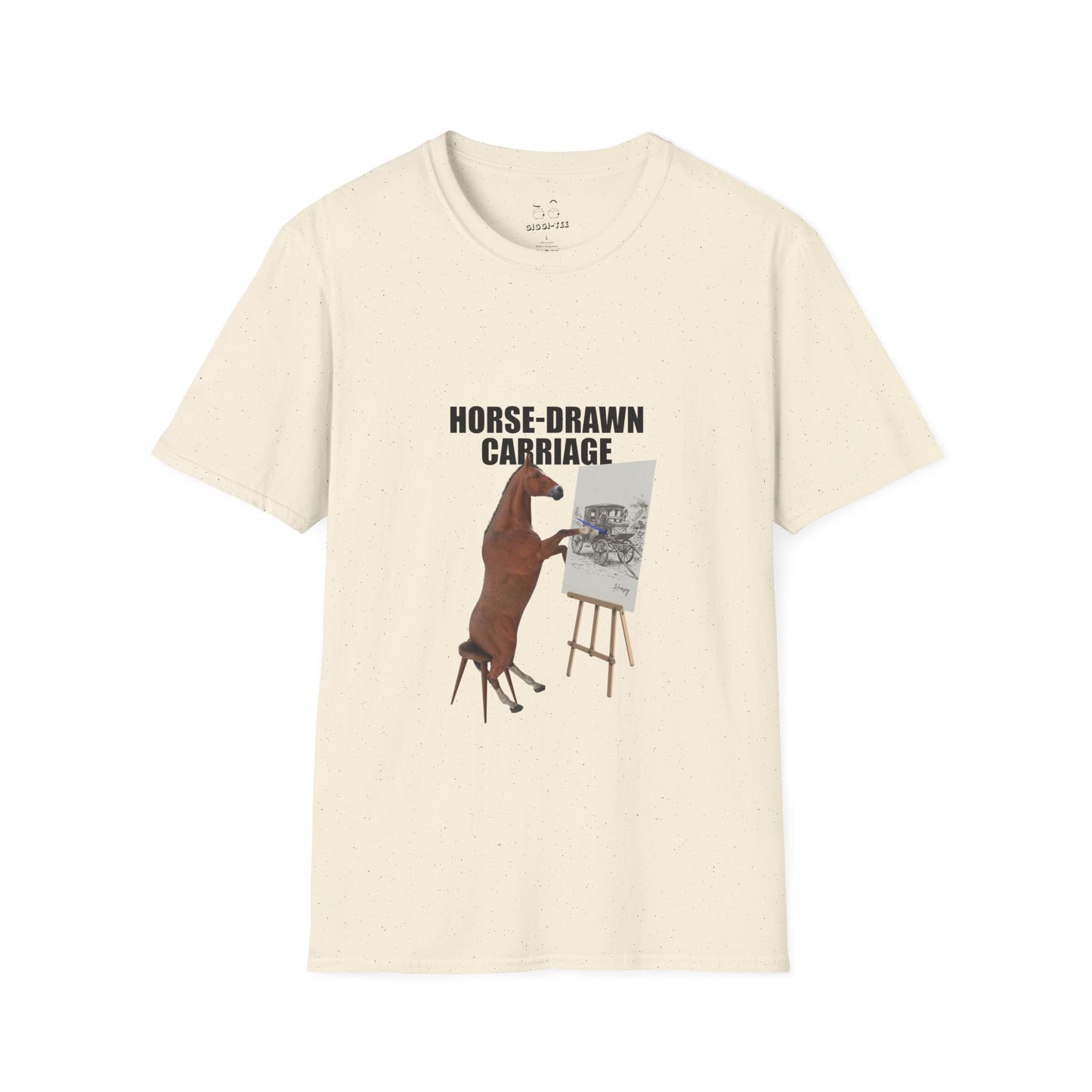 T-shirt featuring a derpy horse head mask mid-neigh, wide-eyed, “Ketamine?” in colorful handwritten letters above, and “never heard of it” on a black rectangle on its neck.