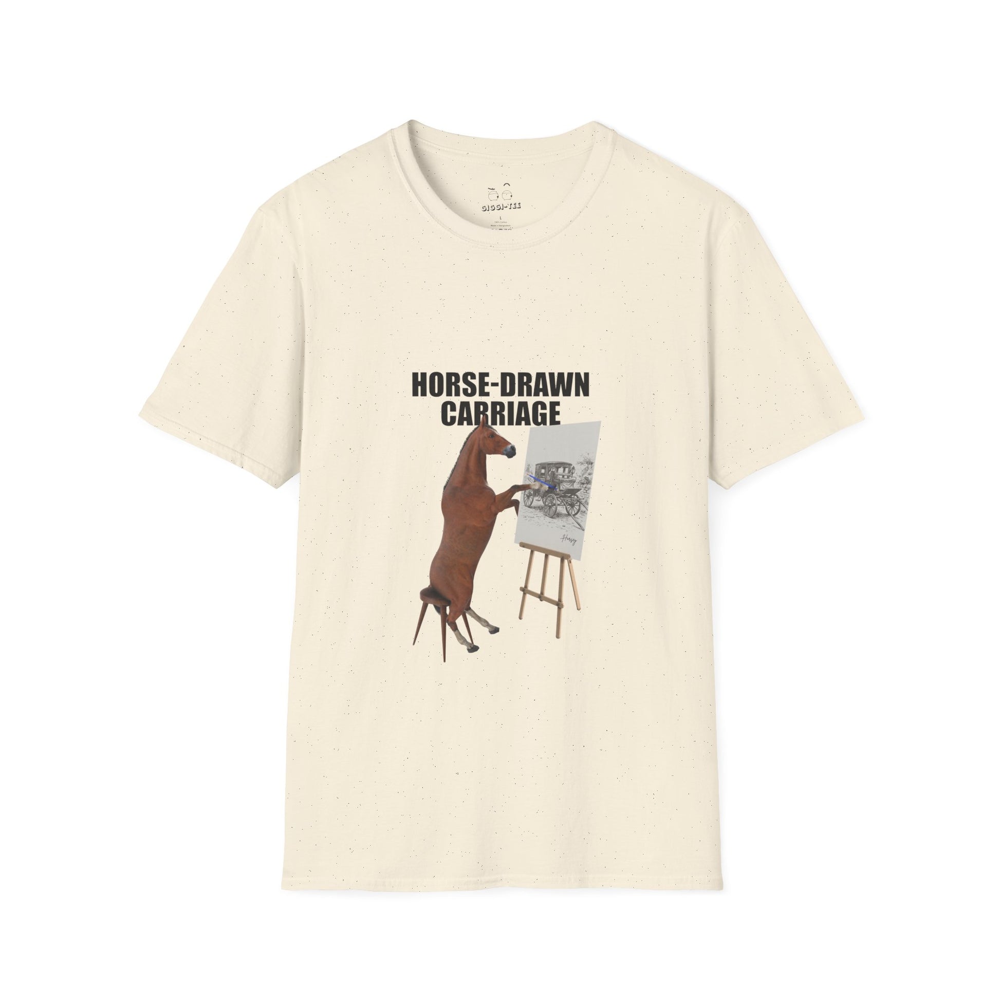 T-shirt featuring a derpy horse head mask mid-neigh, wide-eyed, “Ketamine?” in colorful handwritten letters above, and “never heard of it” on a black rectangle on its neck.