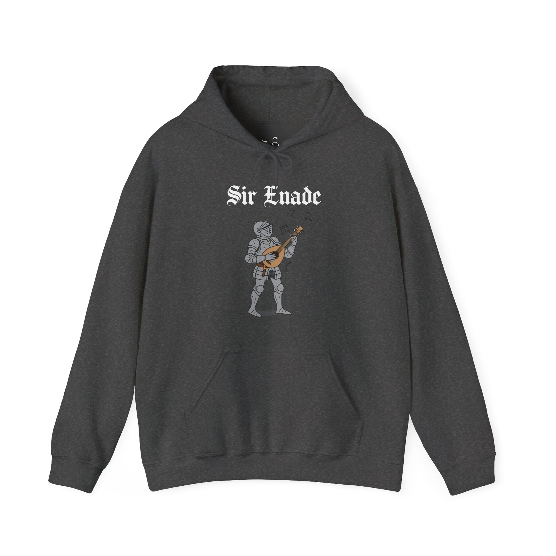 Sir Enade medieval hoodie featuring a knight playing a lute