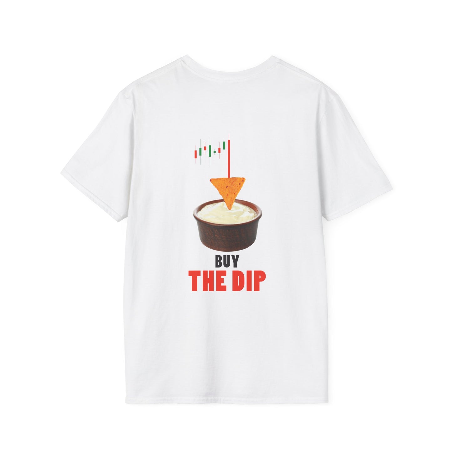 “Buy the Dip back print t-shirt design with nacho chip in dip bowl and candlestick chart, last red candle dropping into the dip.