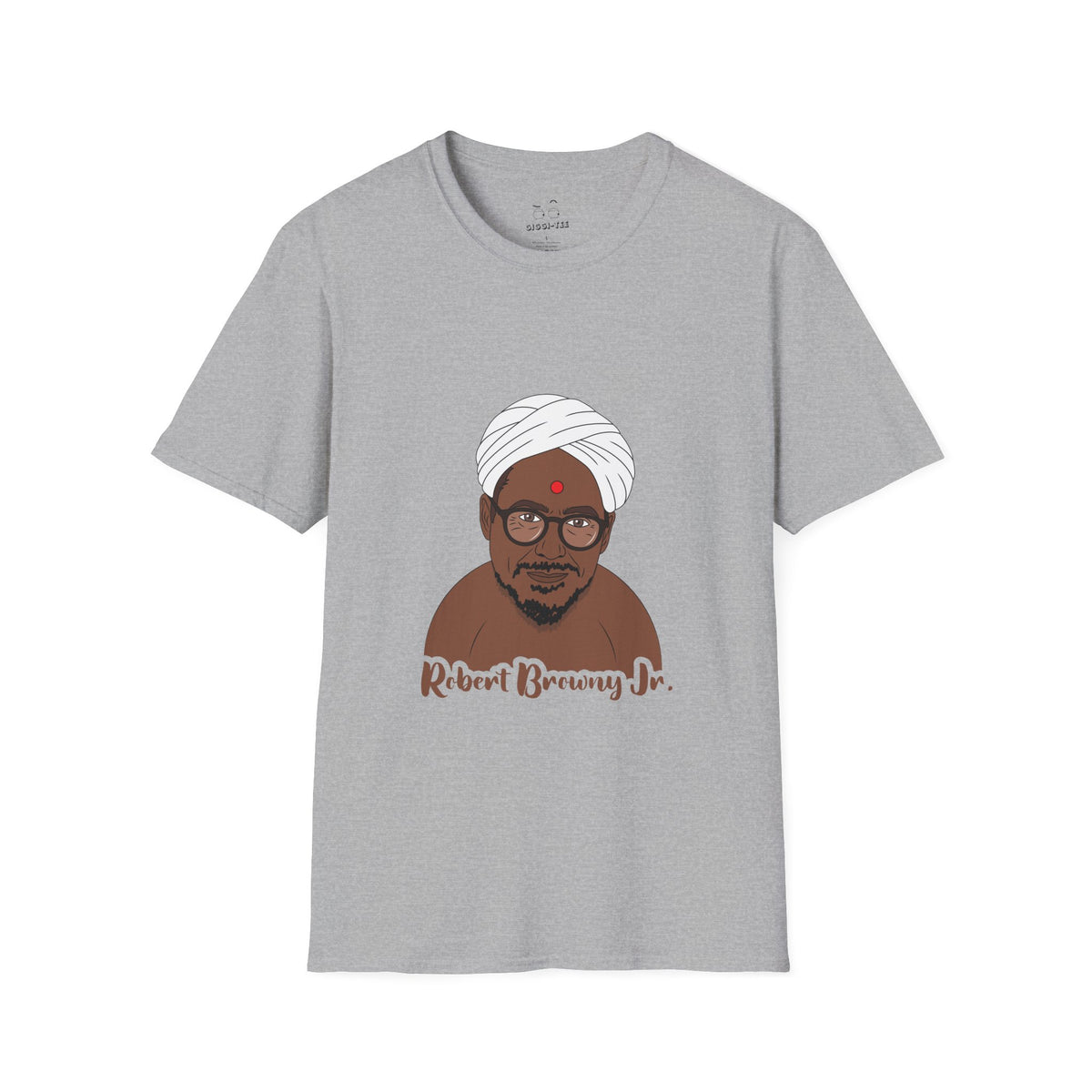 Parody shirt design featuring a comic illustration of Robert Downey Jr. as an Indian man wearing a white turban and bindi, with the text 'Robert Browny Jr.' underneath.