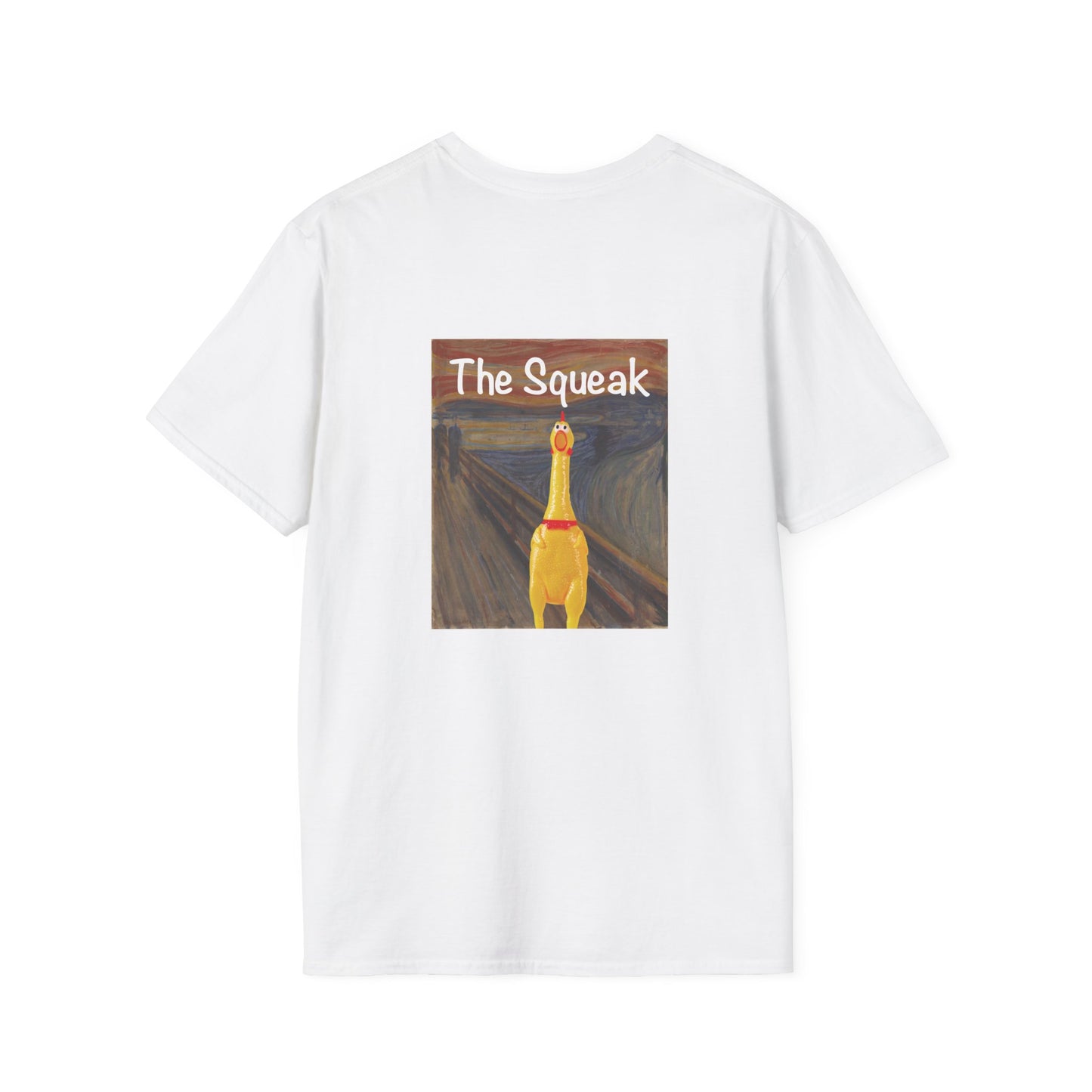 Parody of The Scream painting featuring a squeaky rubber chicken in place of the screaming figure on a t-shirt design.