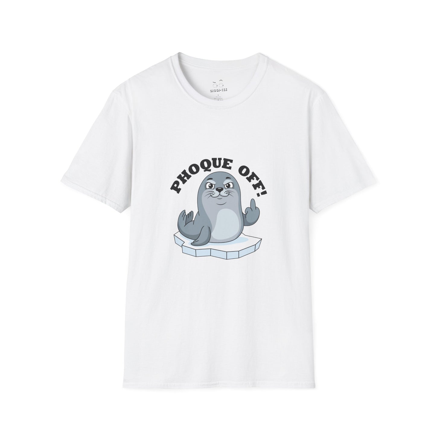 A seal giving the middle finger with the words "Phoque Off," a humorous French wordplay graphic design for a funny pun T-shirt.