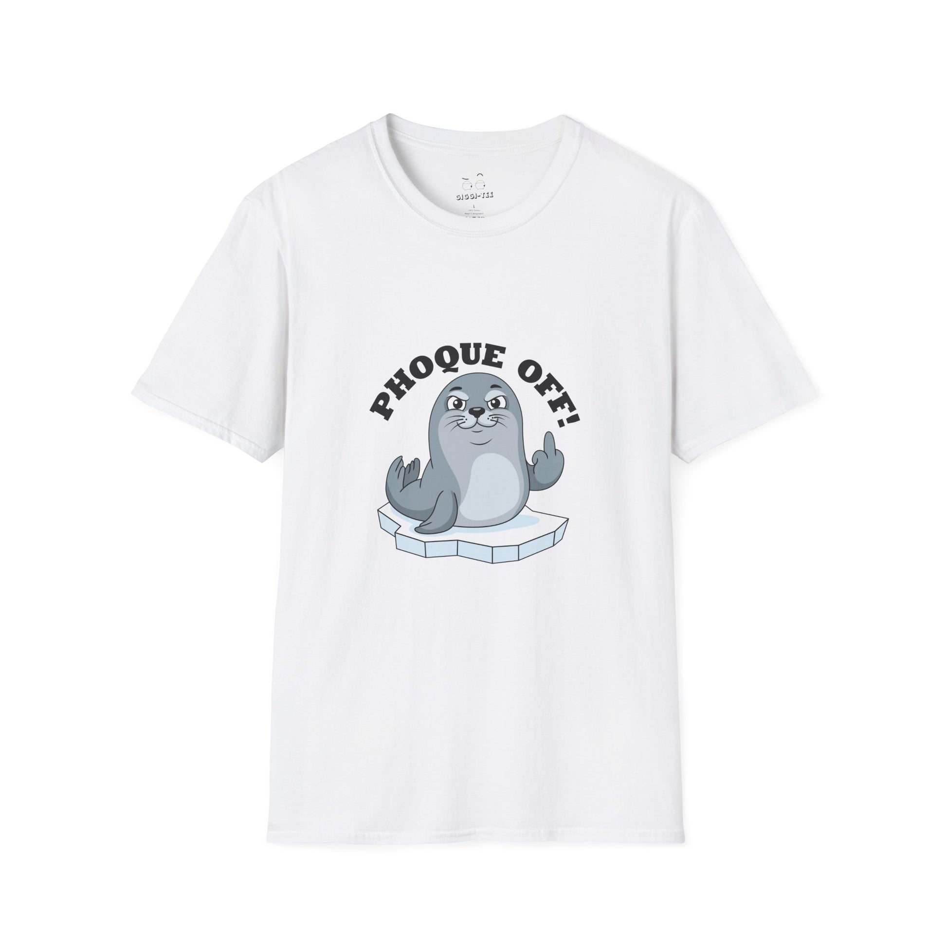 A seal giving the middle finger with the words "Phoque Off," a humorous French wordplay graphic design for a funny pun T-shirt.