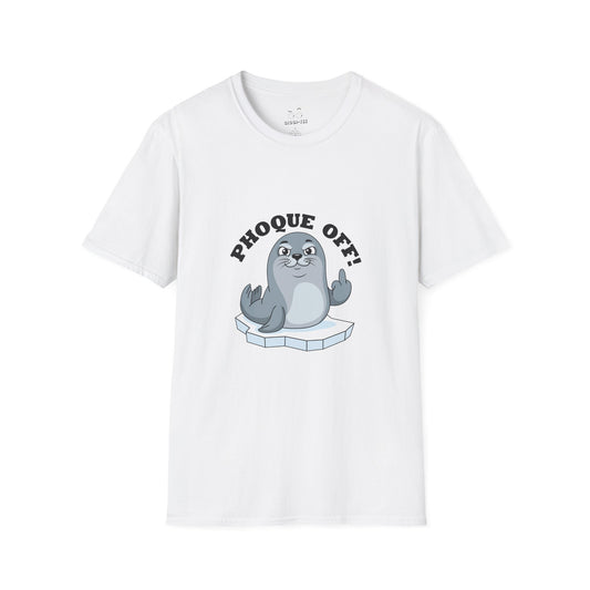 A seal giving the middle finger with the words "Phoque Off," a humorous French wordplay graphic design for a funny pun T-shirt.