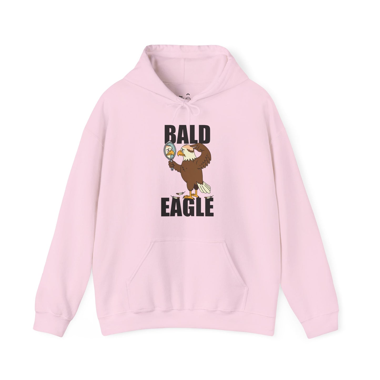 Bald Eagle hoodie design showing a sad eagle with a bald spot holding a mirror and looking upset.