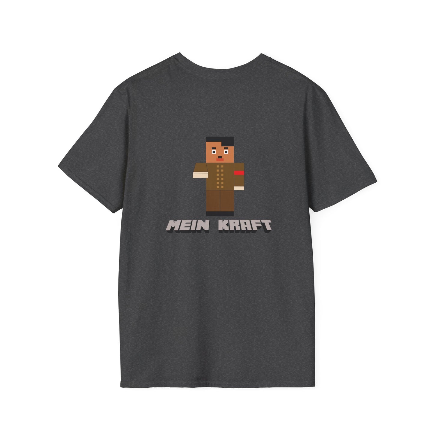 Back print T-shirt featuring a blocky Minecraft-style character dressed in a dictator’s uniform with a toothbrush mustache.