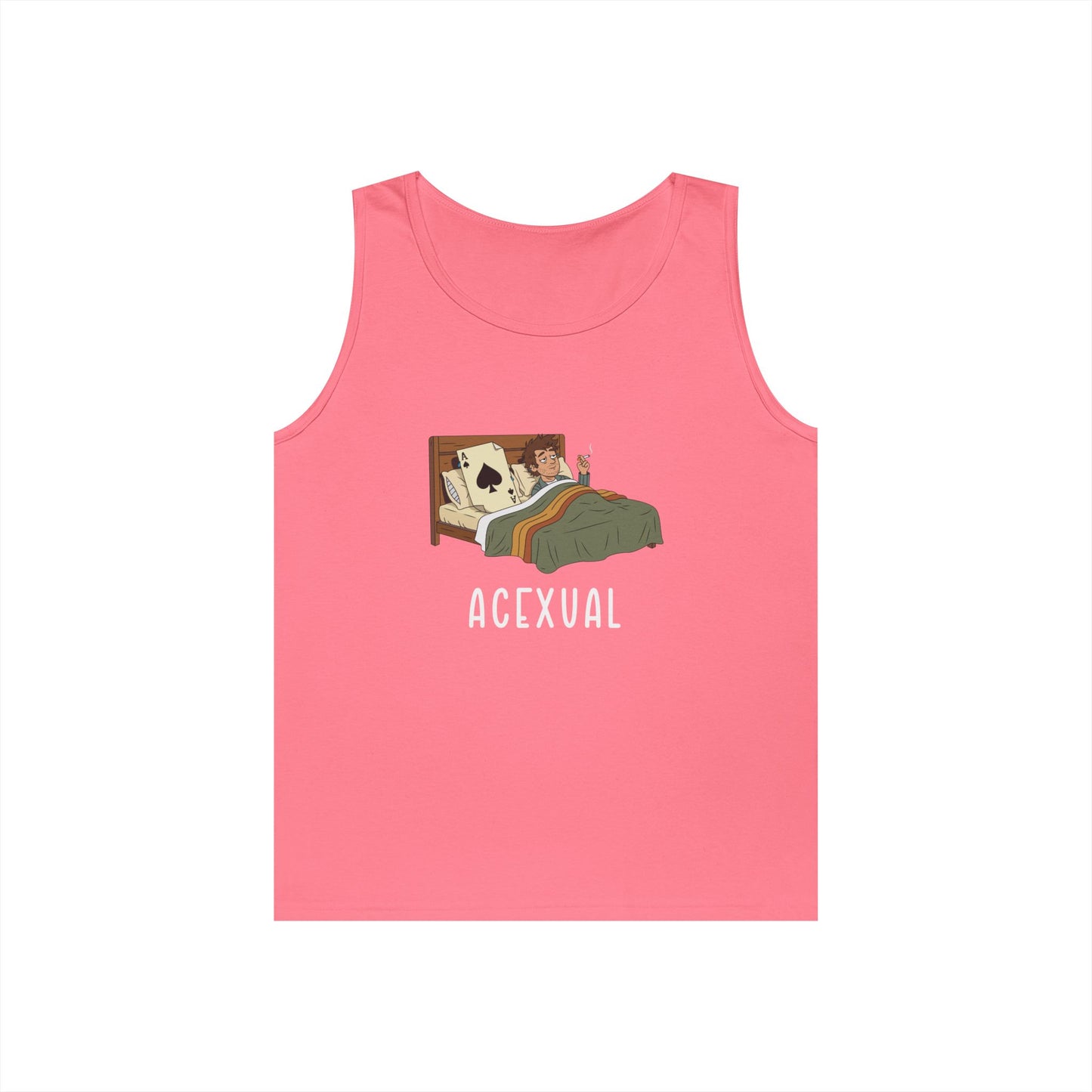 Funny Acexual tank top design showing a man lying in bed next to an Ace playing card in a humorous asexual pun illustration.