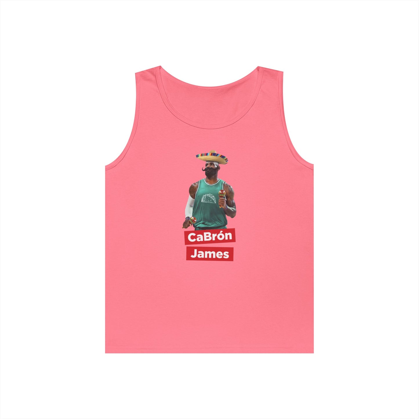 CaBron James graphic featuring LeBron James with a sombrero, oversized mustache, maracas, and taco basketball jersey printed on a tank top.