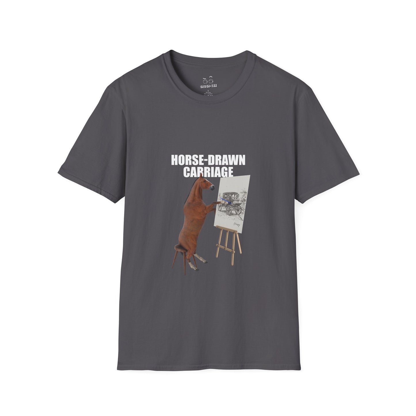 T-shirt featuring a derpy horse head mask mid-neigh, wide-eyed, “Ketamine?” in colorful handwritten letters above, and “never heard of it” on a black rectangle on its neck.