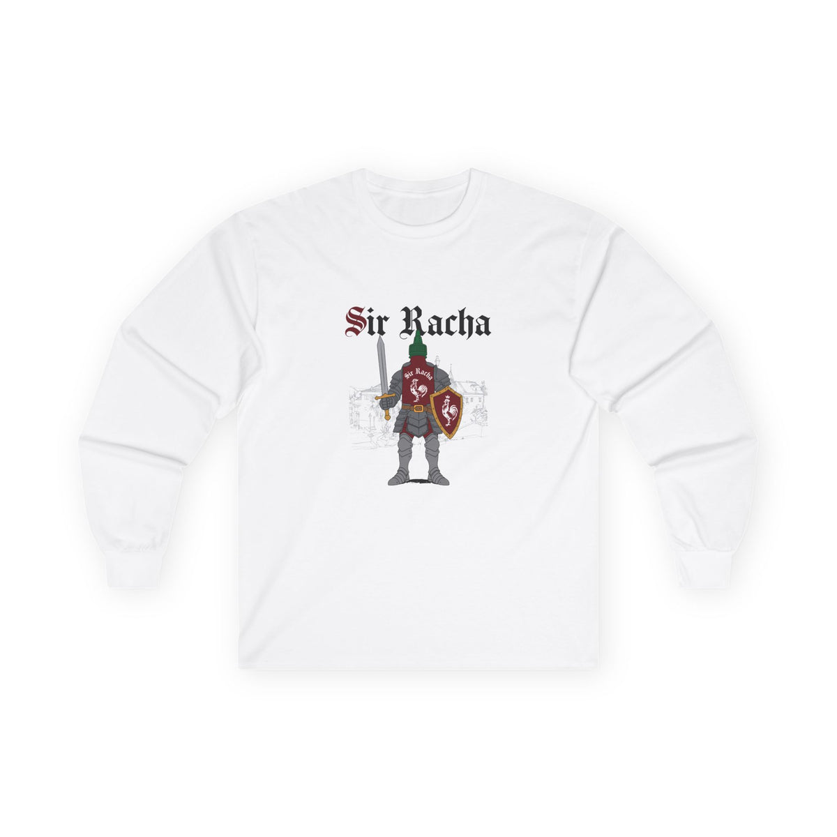 Sir Racha funny sriracha bottle dressed as a medieval knight long sleeve shirt