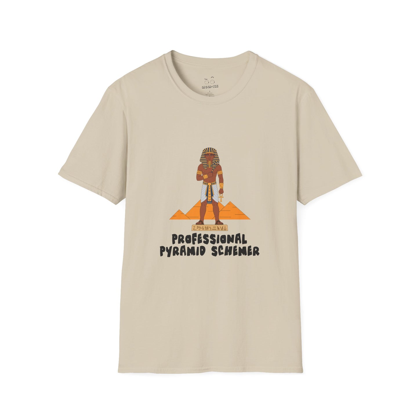 Shirt featuring an illustration of a pharaoh standing in front of pyramids with the text “Professional Pyramid Schemer” in a humorous wordplay design.