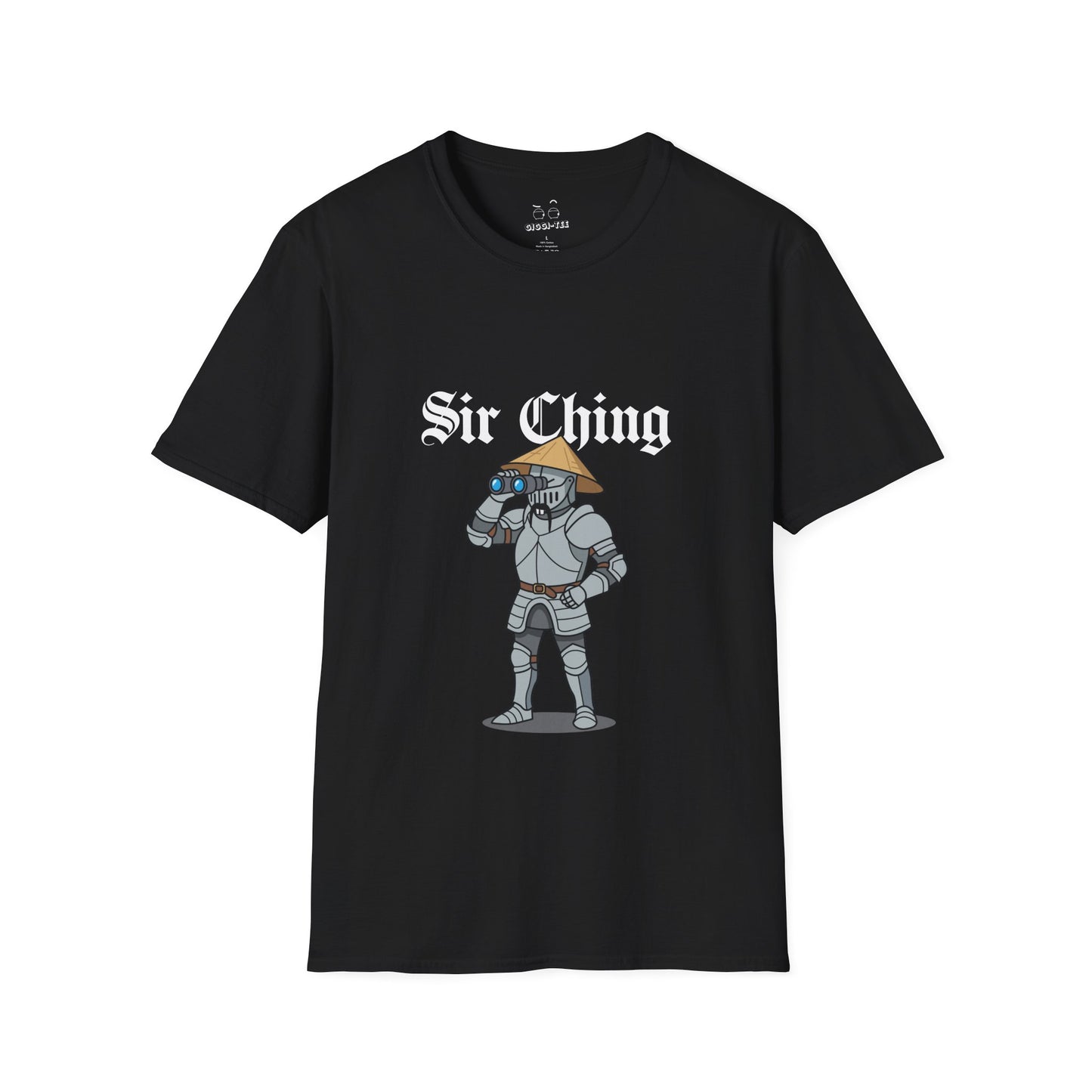 Sir Ching funny knight graphic shirt showing a goofy Asian-inspired medieval knight in shining armor searching with binoculars, wearing a cone hat and buck teeth.