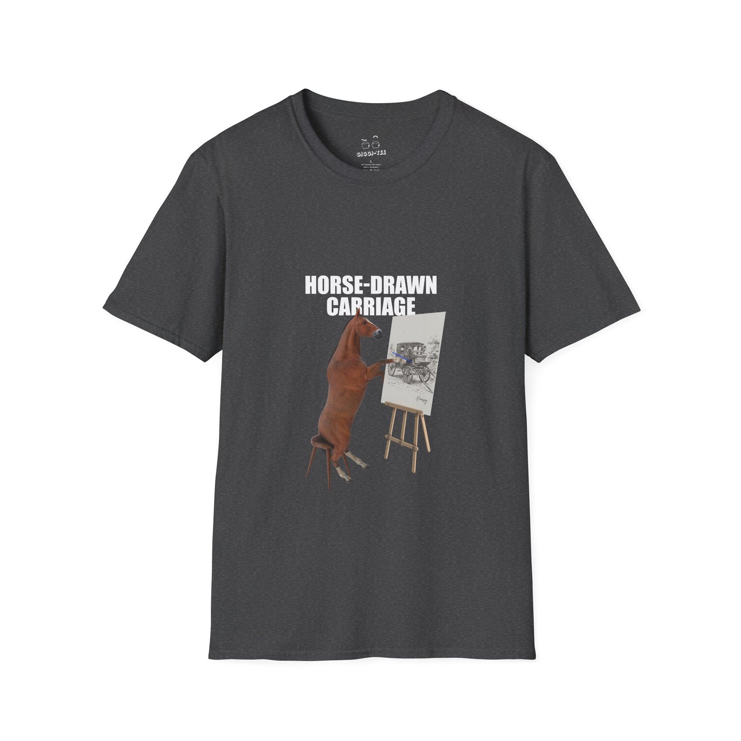 T-shirt featuring a derpy horse head mask mid-neigh, wide-eyed, “Ketamine?” in colorful handwritten letters above, and “never heard of it” on a black rectangle on its neck.