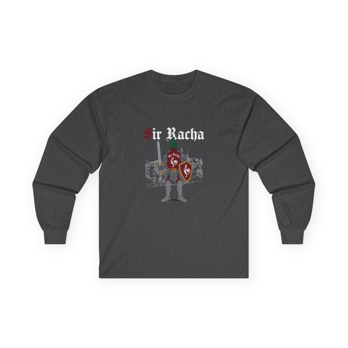 Sir Racha funny sriracha bottle dressed as a medieval knight long sleeve shirt