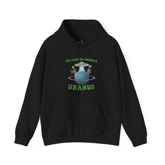 Uranus parody hoodie featuring two aliens near the planet Uranus with comedic space-themed text