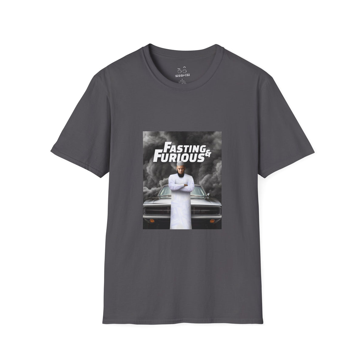 Fast and Furious parody shirt design featuring Vin Diesel wearing traditional Muslim clothing and a long jihadist-style beard, titled “Fasting and Furious.”