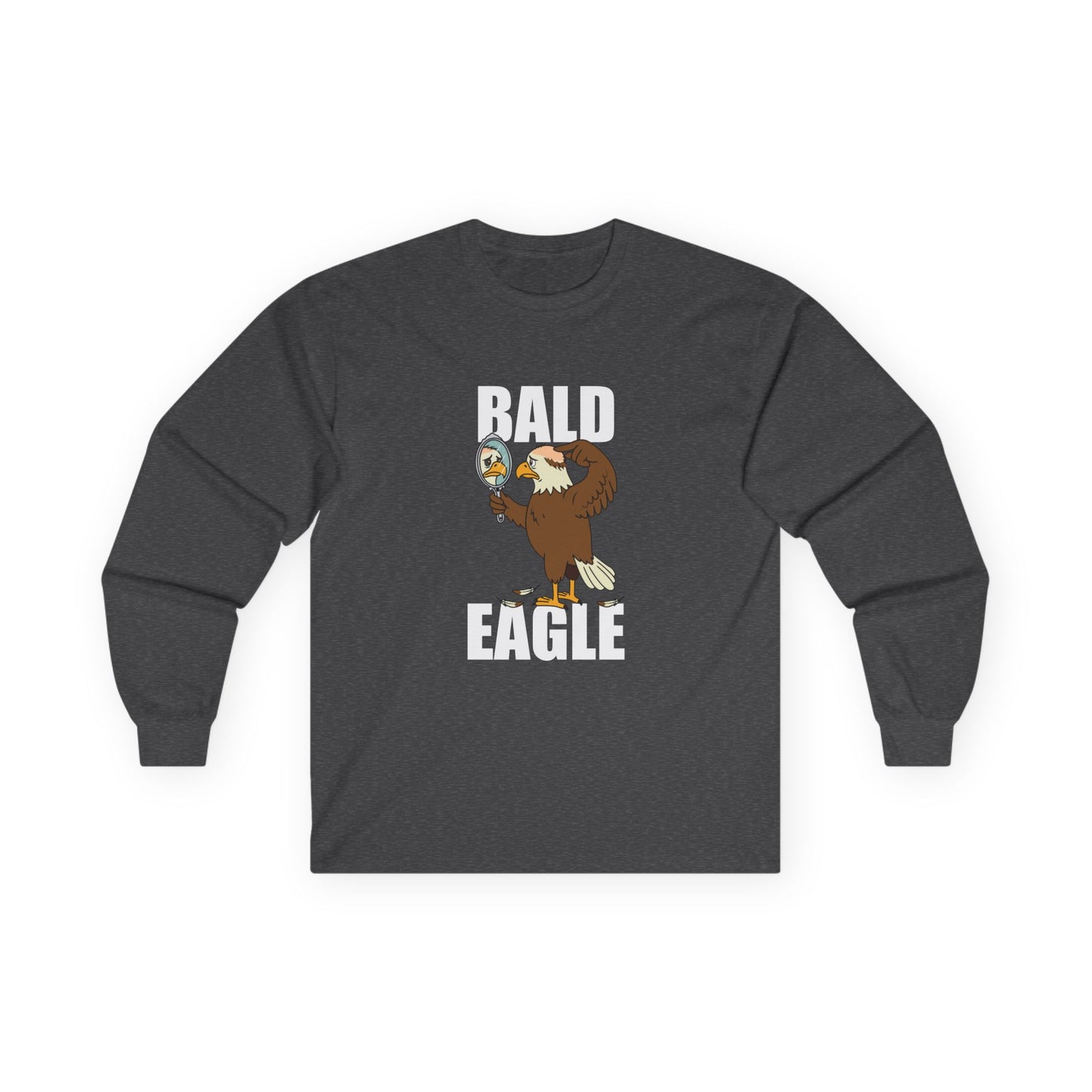 Funny Bald Eagle long sleeve shirt design with a bald eagle holding a mirror and showing a bald spot.